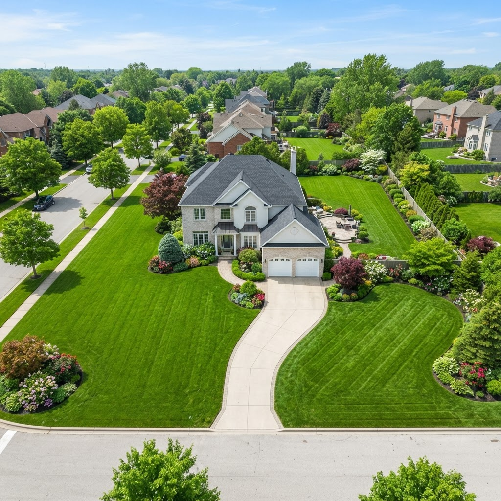 Aerial view of a manicured Omaha property